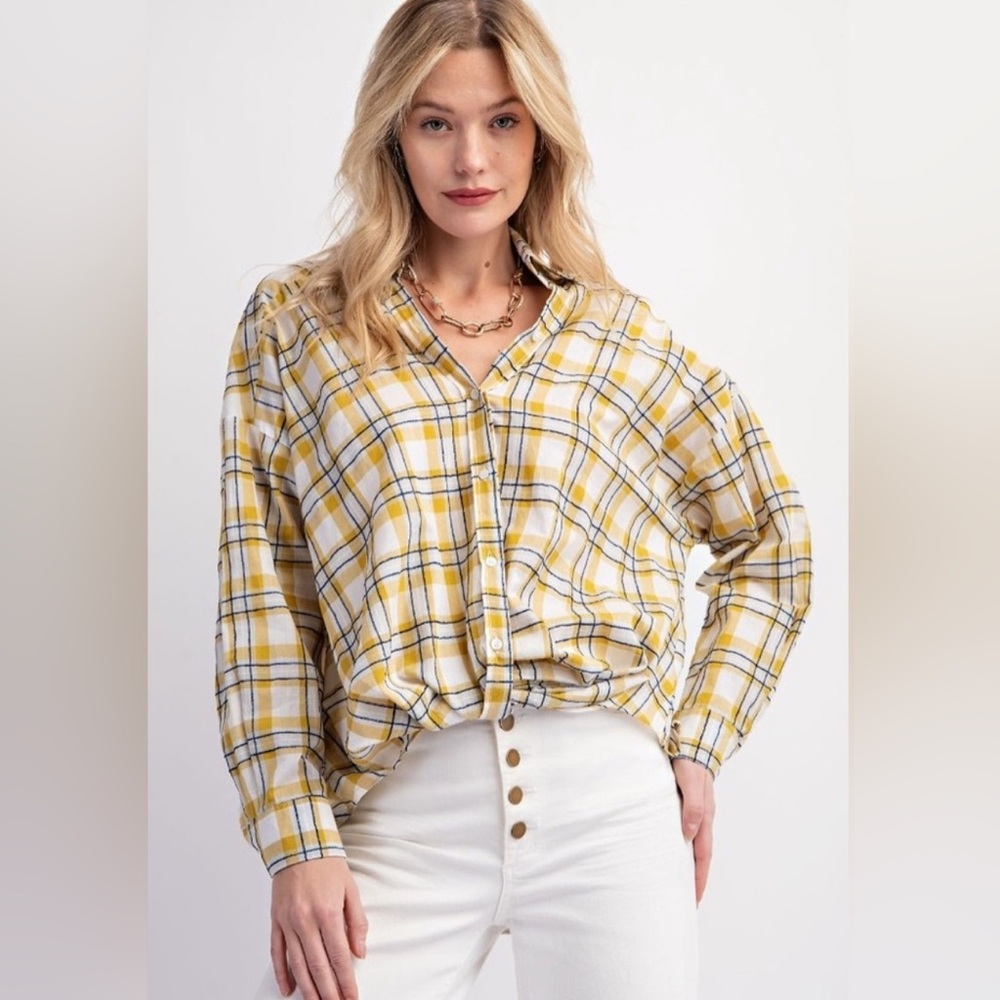 Easel Mustard White Checkered Button Down Shirt